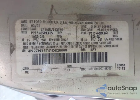 2001 Nissan Quest Gxe z USA, uszkodzony, nr VIN 4N2ZN15T41D820008